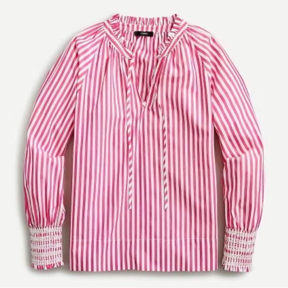 J. Crew Striped Smocked Cuff Popover Shirt Pink White XS - Picture 14 of 15